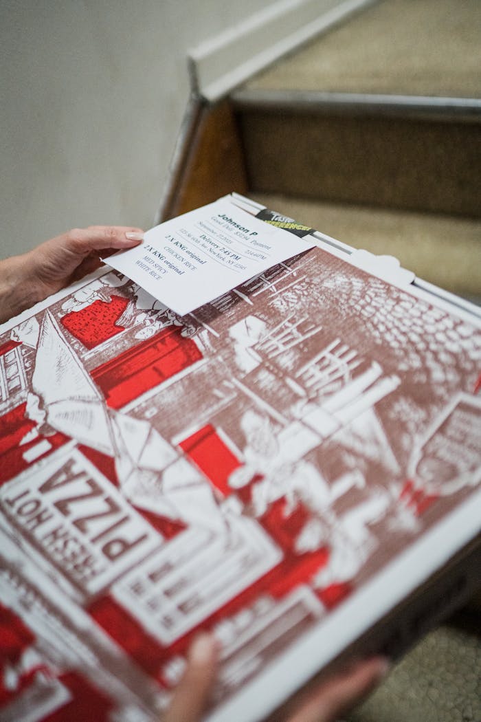 Close-up of a pizza delivery and receipt on stairs. An interior view capturing the ordering experience.